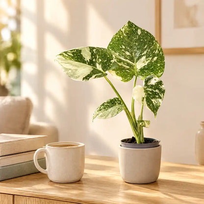 Monstera Thai Constellation Jungpflanze im beigen Übertopf auf einem Holz-Sideboard im hellen Wohnzimmer