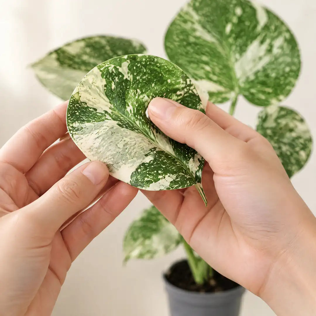 Hände reinigen behutsam ein gesprenkeltes Blatt der Monstera Thai Constellation