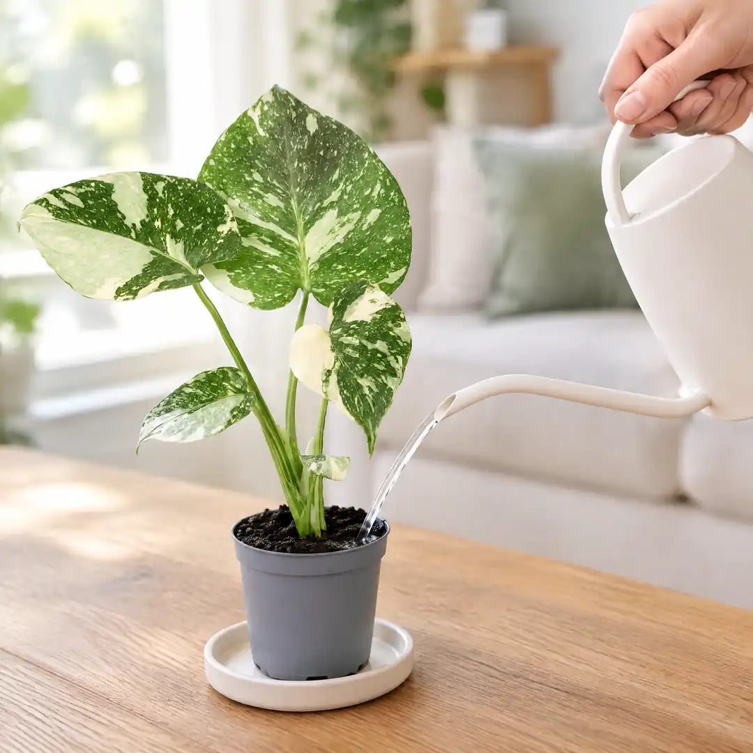 Monstera Thai Constellation wird mit einer weißen Gießkanne an der Erde gegossen