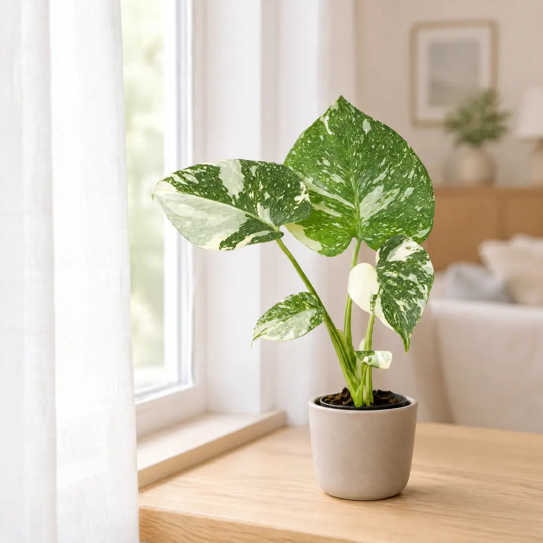 Monstera Thai Constellation auf einer hellen Fensterbank neben einem Leinenvorhang