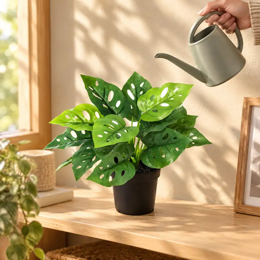Nahaufnahme: Hand hält Gießkanne, gießt die künstliche Monstera bewusst nicht