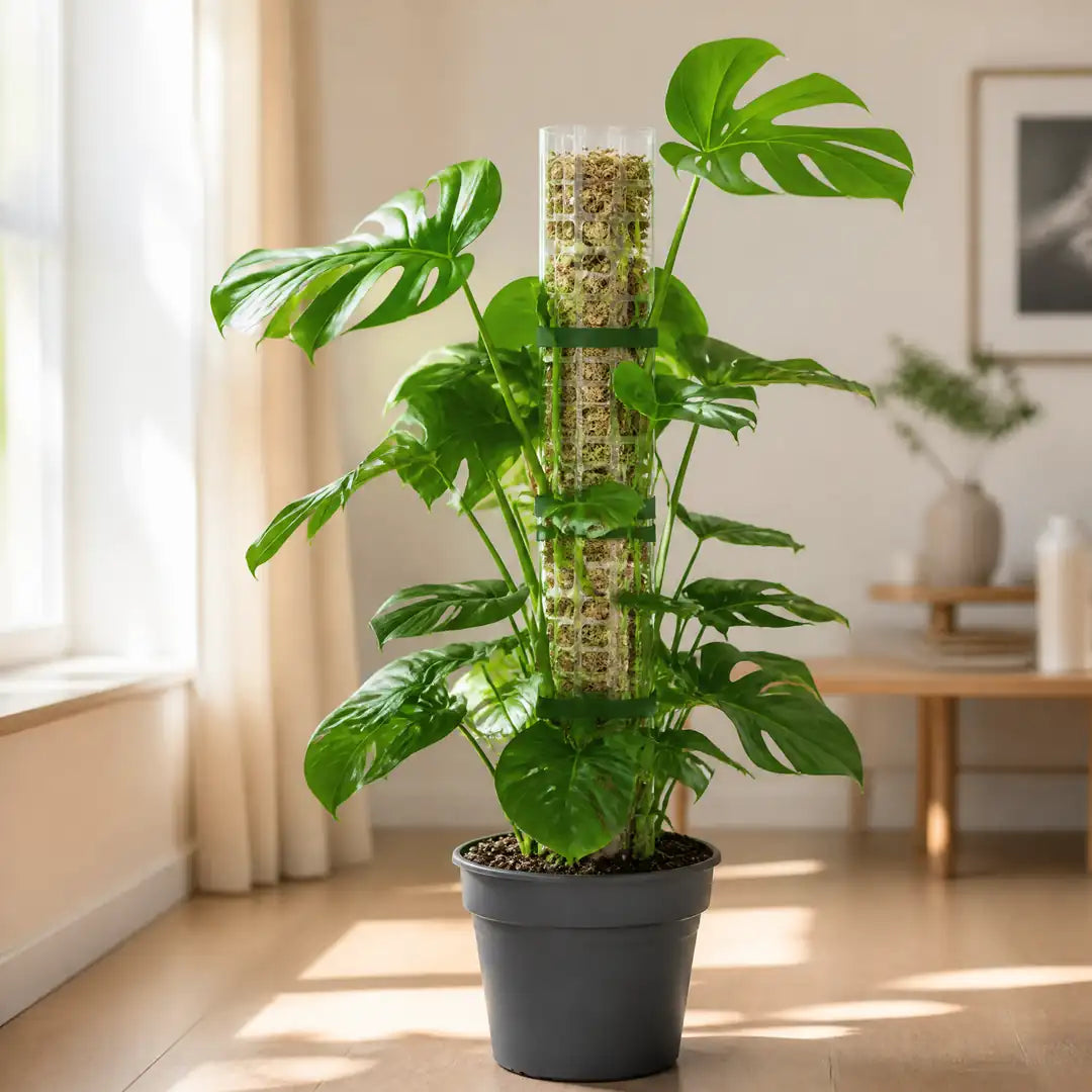 Monstera im Wohnzimmer am eingesetzten Moosstab, mit Klettbändern geführt