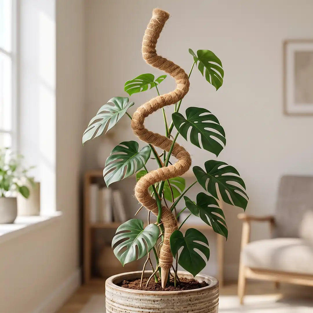 Moosstab im Topf einer Monstera in einem hellen Wohnraum