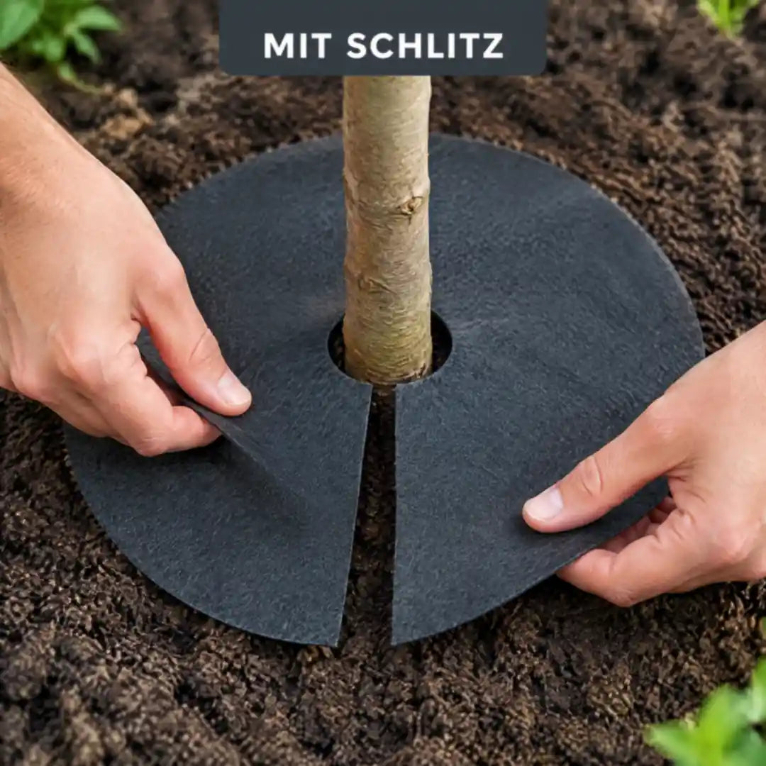 Mulchscheibe wird über den Schlitz um einen Baumstamm gelegt