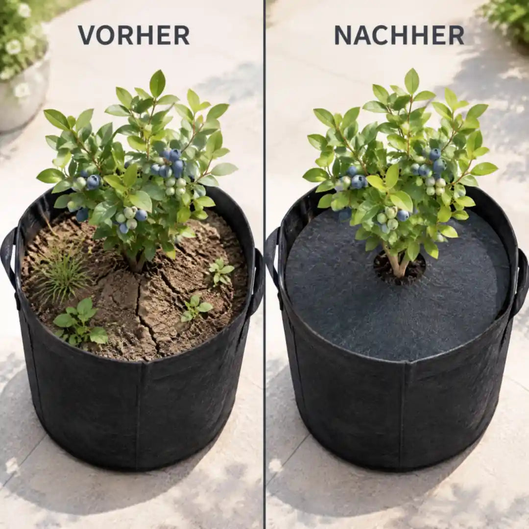 Pflanzsack mit Heidelbeere vorher mit Unkraut, nachher mit Mulchscheibe