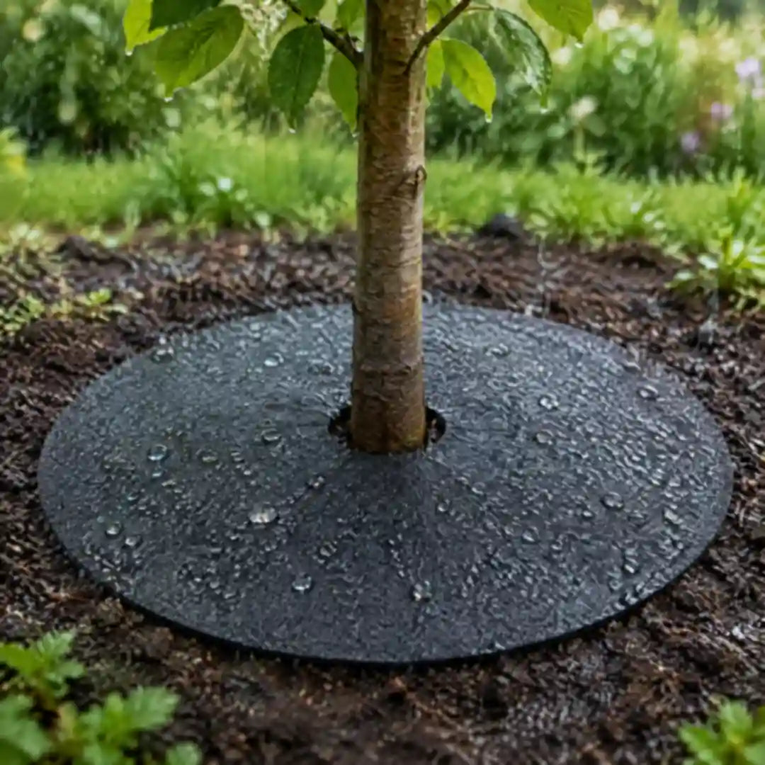 Regentropfen auf der Mulchscheibe rund um einen jungen Baum
