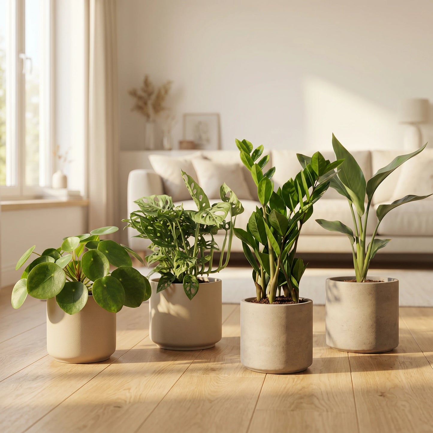 Musthave Pflanzenbox – Monstera Monkey, Pilea, Strelitzia und Zamioculcas in matten Beige-Übertöpfen im hellen Wohnzimmer