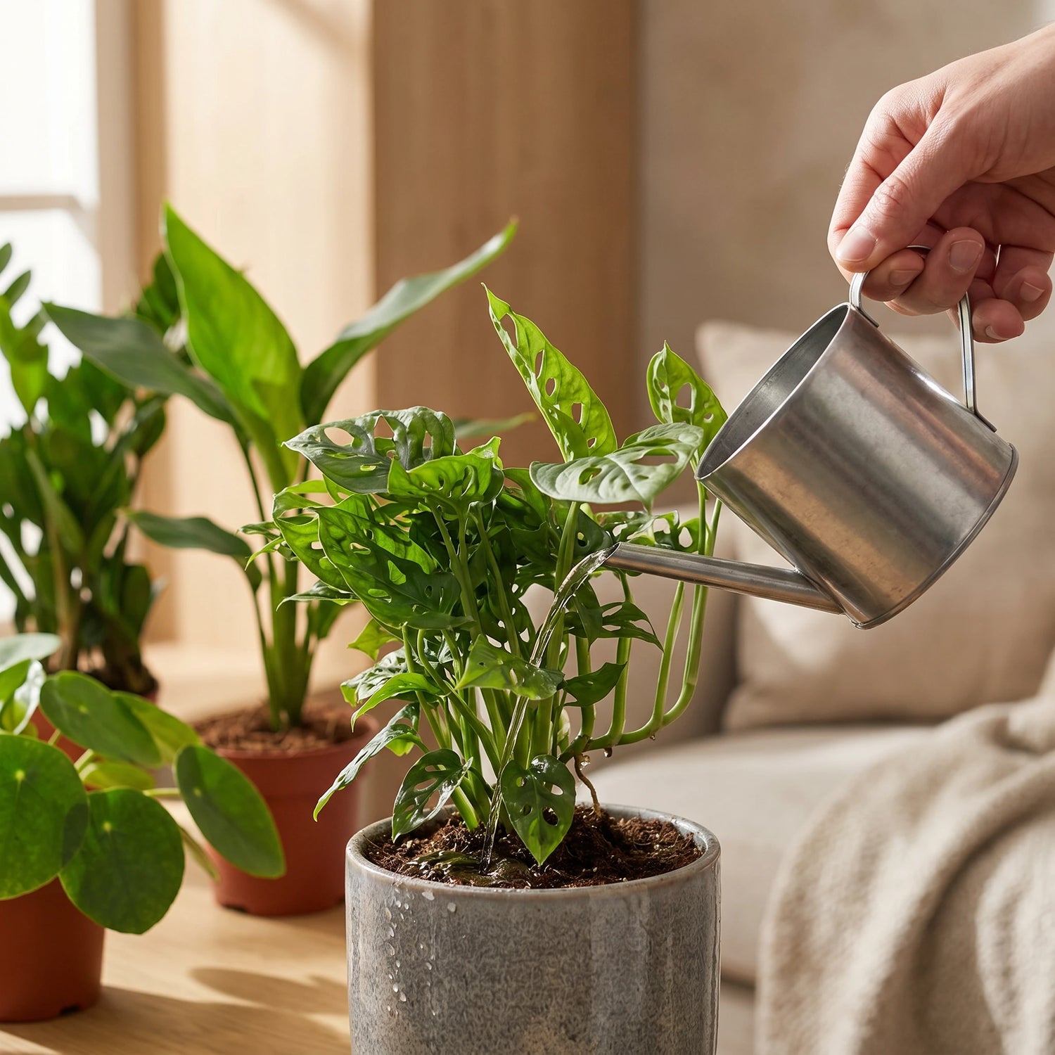 Monstera Monkey der Musthave Pflanzenbox wird mit kleiner Gießkanne gegossen