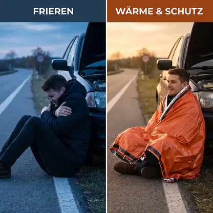 Vergleich am Straßenrand: frierend ohne Schutz gegenüber eingehüllt im Notfallschlafsack