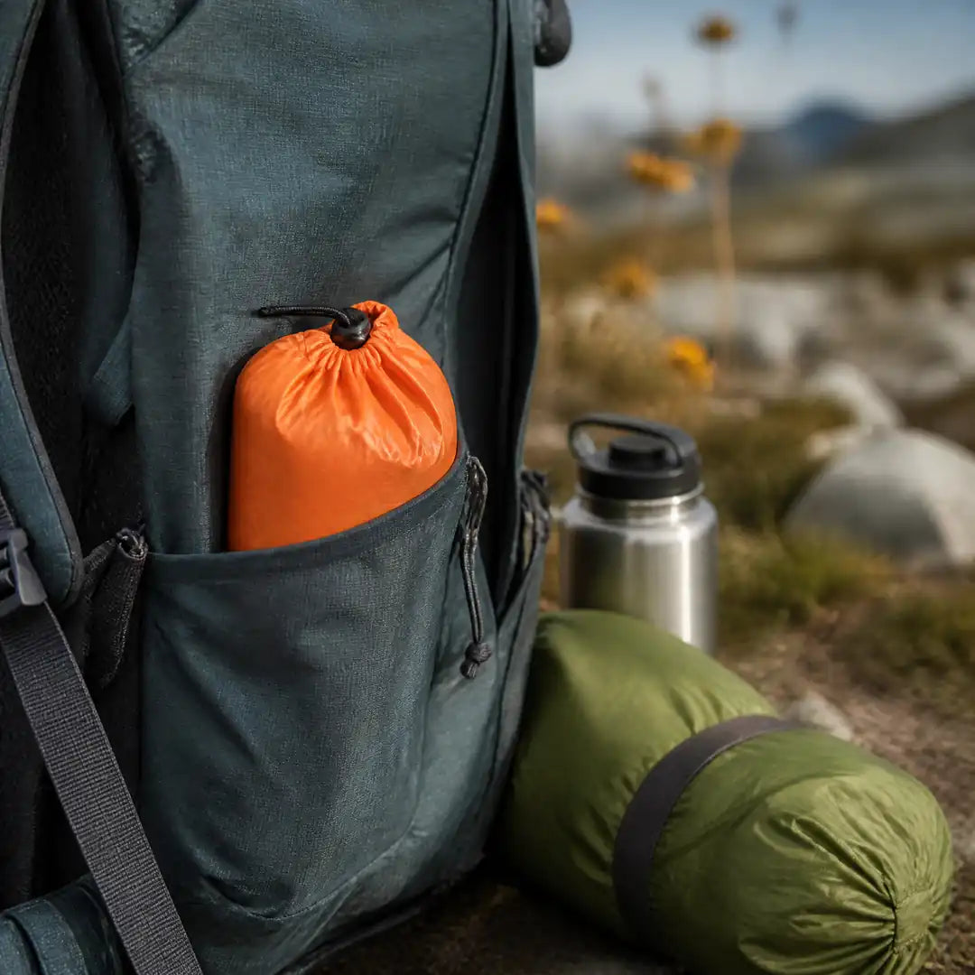 Packsack mit Notfallschlafsack steckt in der Seitentasche eines Wanderrucksacks