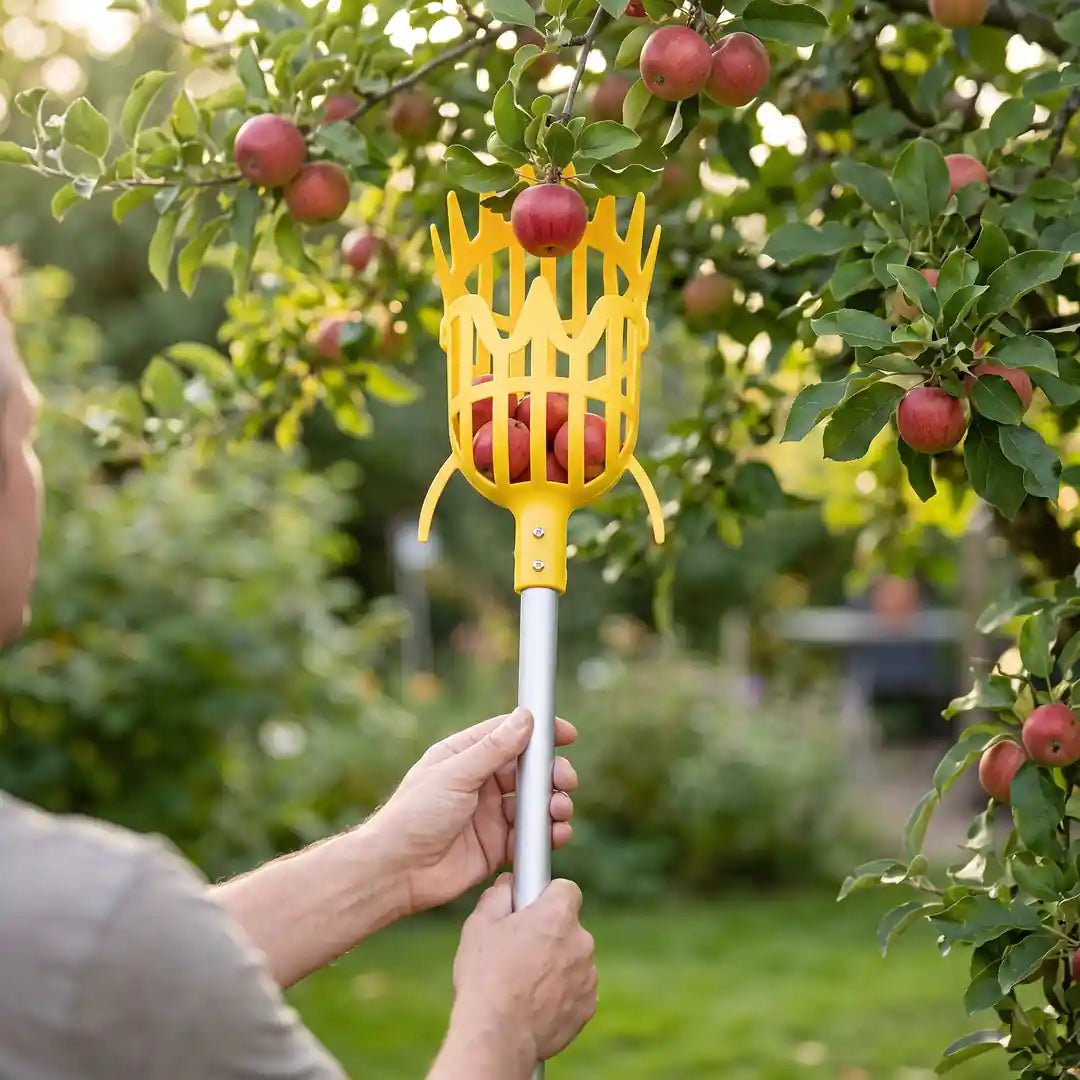 Obstpflücker im Einsatz am Apfelbaum, Pflückkorb an der Teleskopstange greift einen Apfel