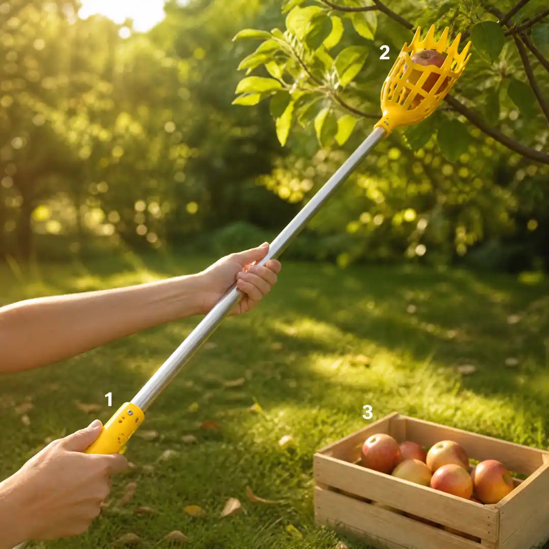Anwendung des Obstpflückers: Aufstecken auf die Stange, Pflücken am Ast, Ernte in der Holzkiste