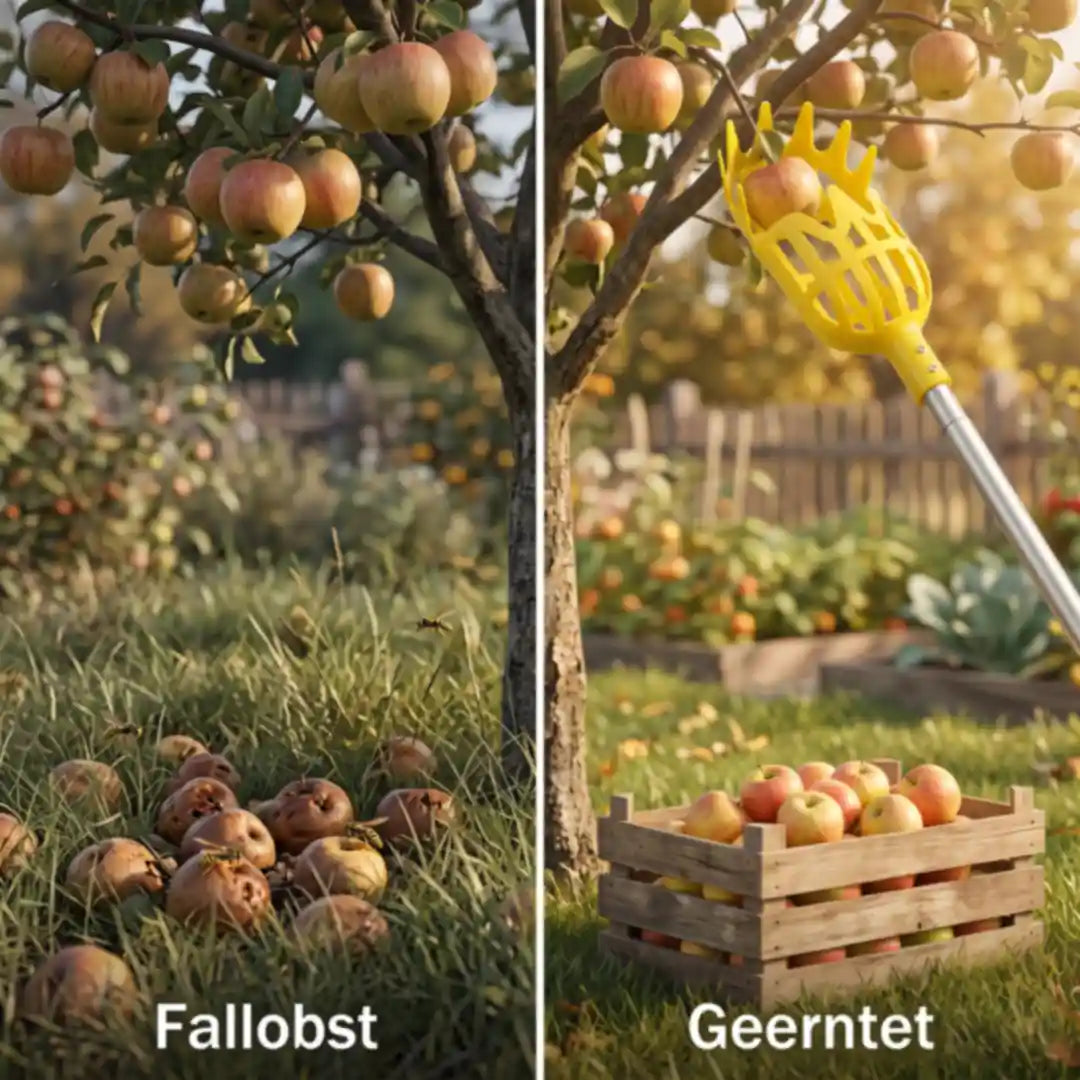Fallobst im Gras gegenüber geernteten Äpfeln in der Holzkiste mit dem Obstpflücker