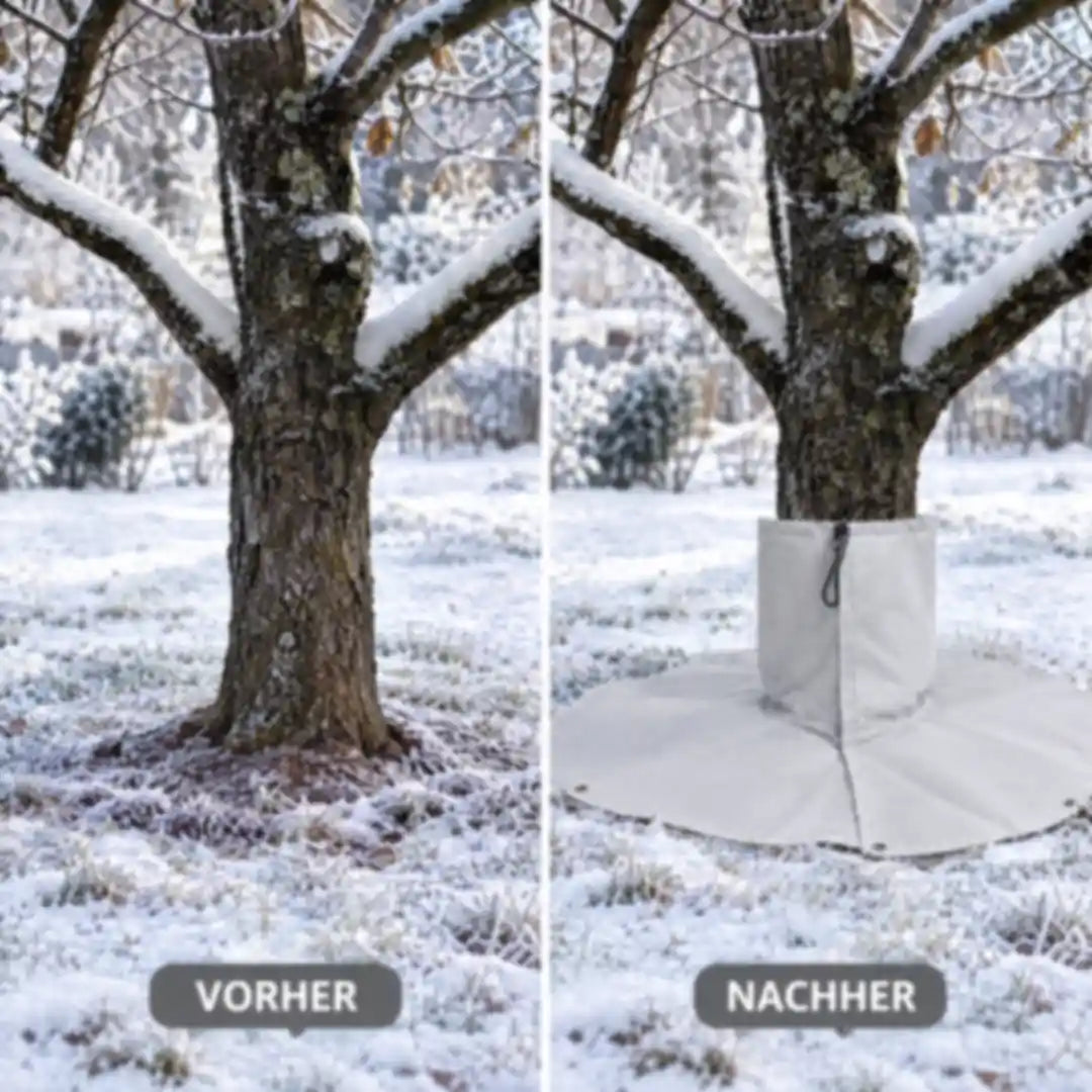 Baum im Frost vorher ohne und nachher mit Wurzelschutz