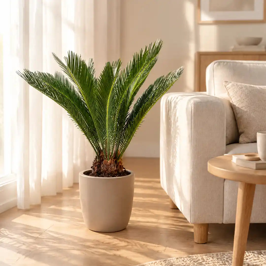 Palmfarn Cycas revoluta im greigen Übertopf neben einem hellen Sofa