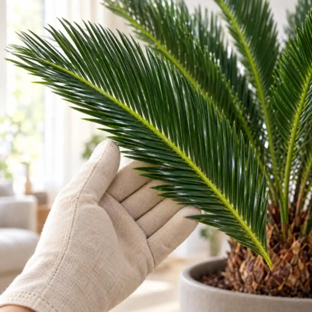 Hand mit Gartenhandschuh stützt einen Wedel der Cycas revoluta