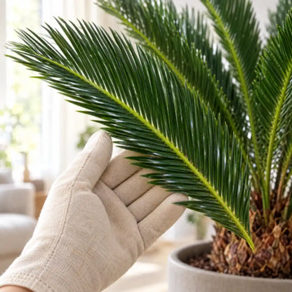 Hand mit Gartenhandschuh stützt einen Wedel der Cycas revoluta
