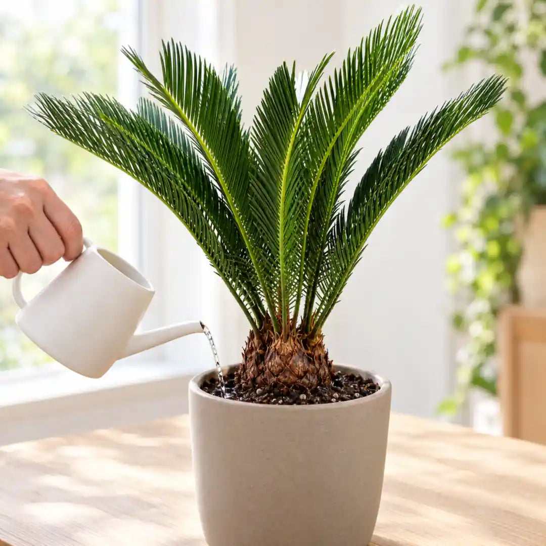Hand gießt den Palmfarn am Topfrand mit einer weißen Gießkanne