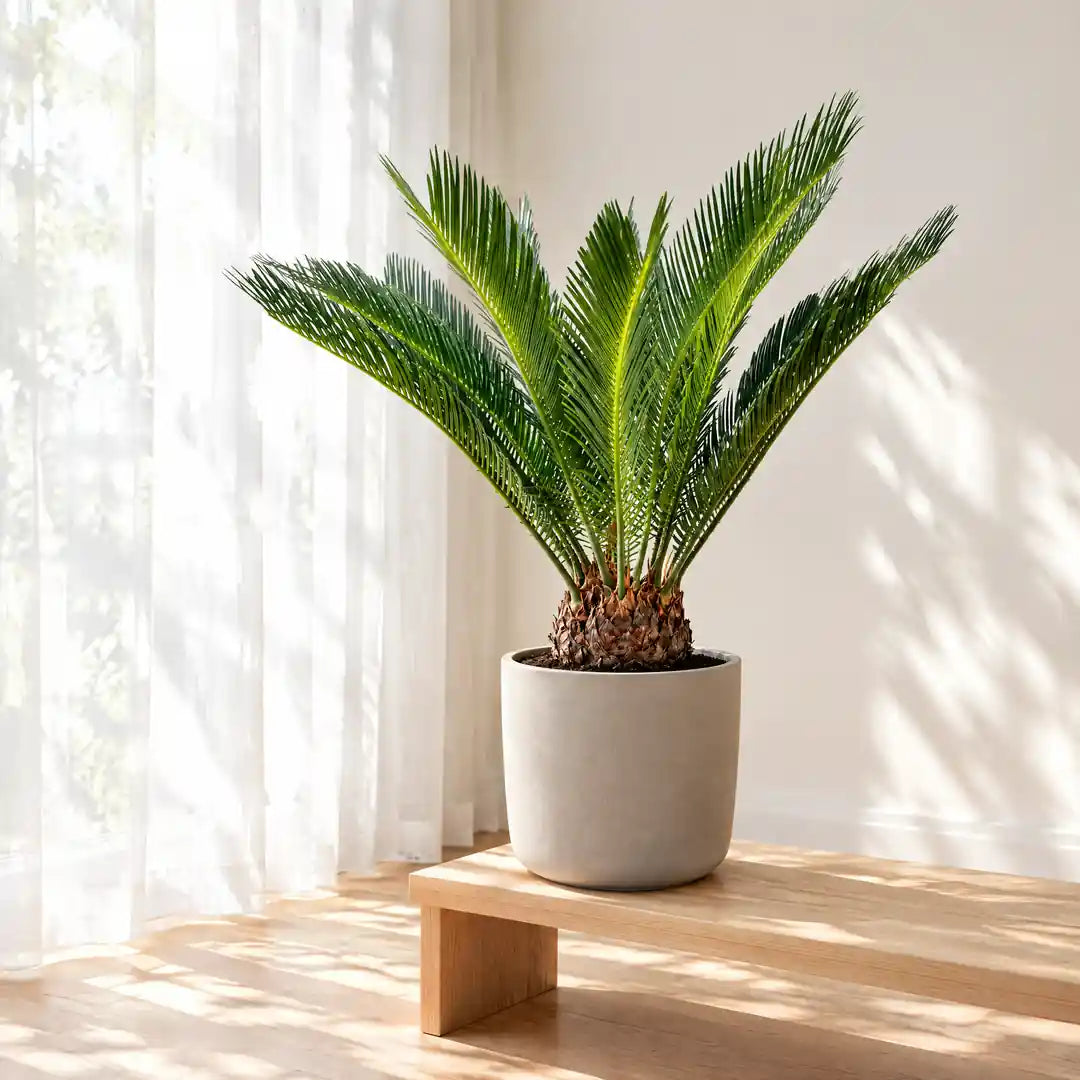 Palmfarn auf einer Holzbank vor einem sonnigen Fenster mit Gardine