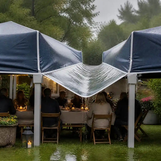 Gartenfest im Regen: der Übergang zwischen zwei Pavillons bleibt trocken