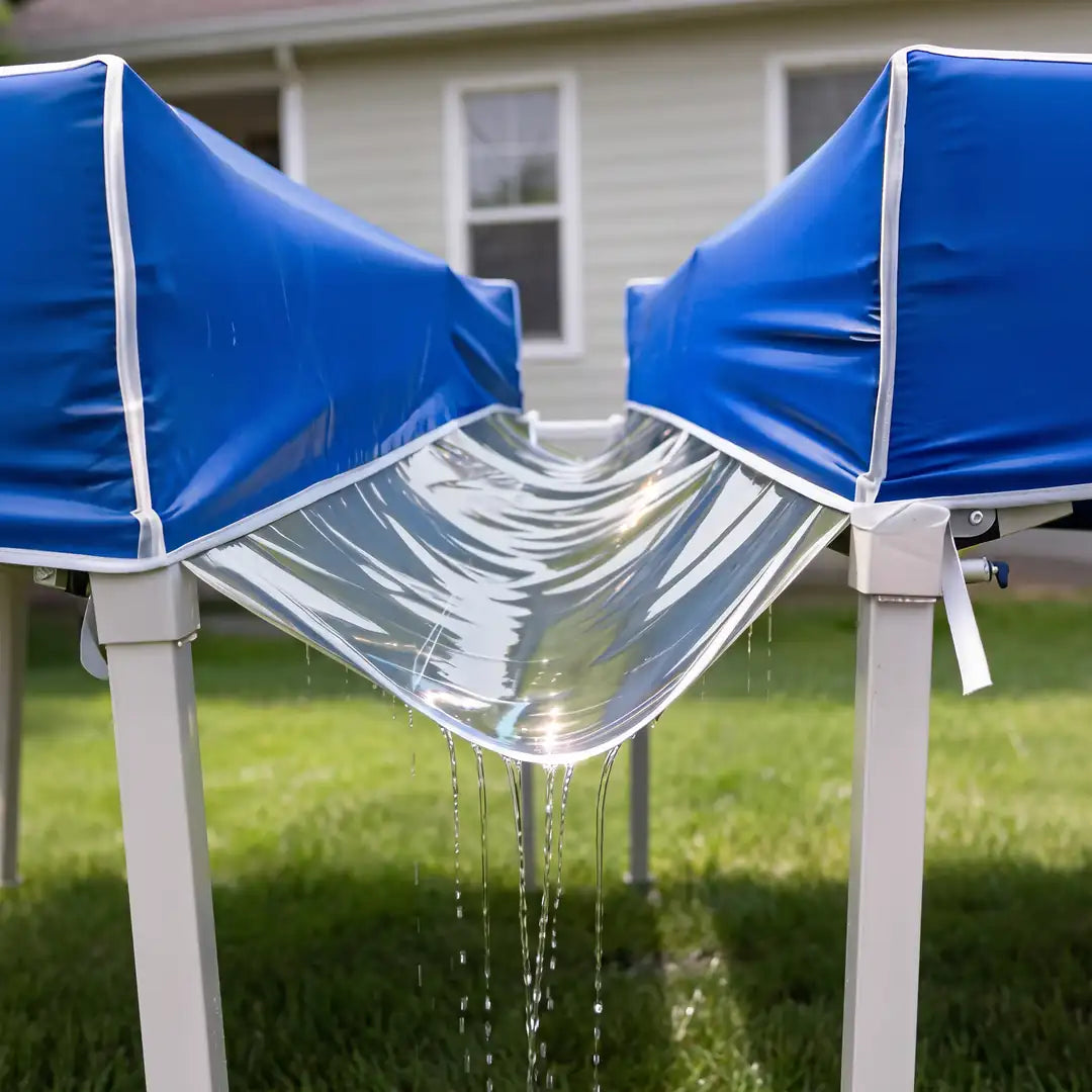 Funktionsprinzip: Regenwasser läuft in der Rinne zur Seite und tropft dort ab