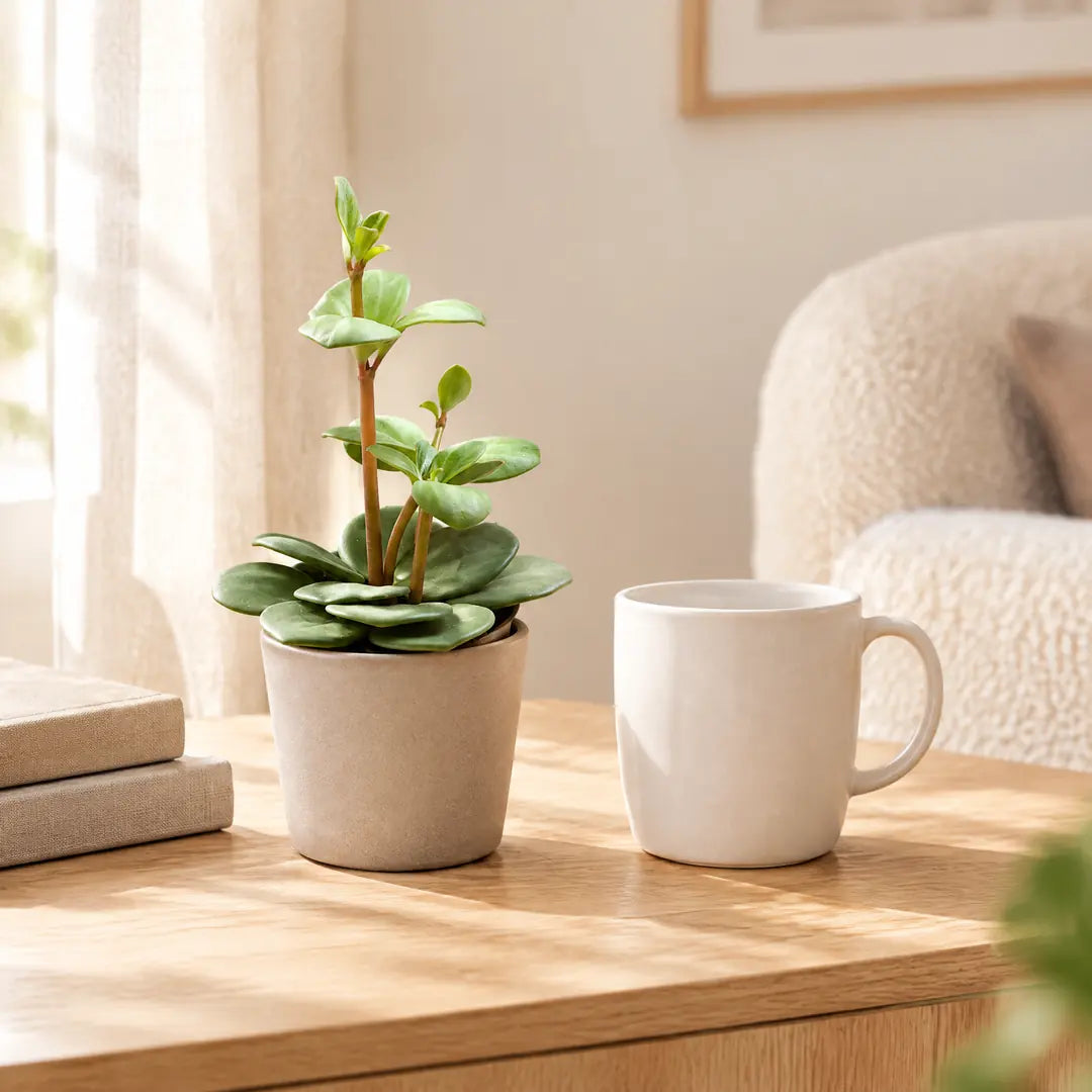 Peperomia Hope (Zwergpfeffer) im beigen Übertopf auf einem hellen Holz-Sideboard im Wohnzimmer