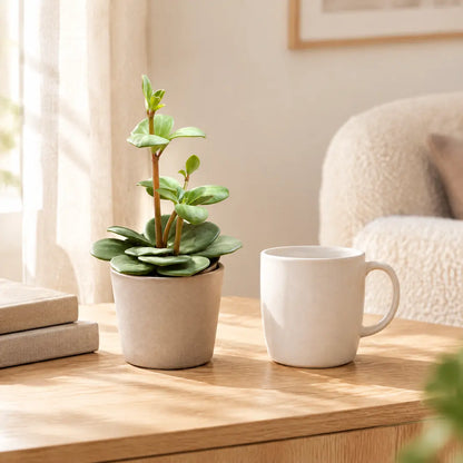 Peperomia Hope (Zwergpfeffer) im beigen Übertopf auf einem hellen Holz-Sideboard im Wohnzimmer