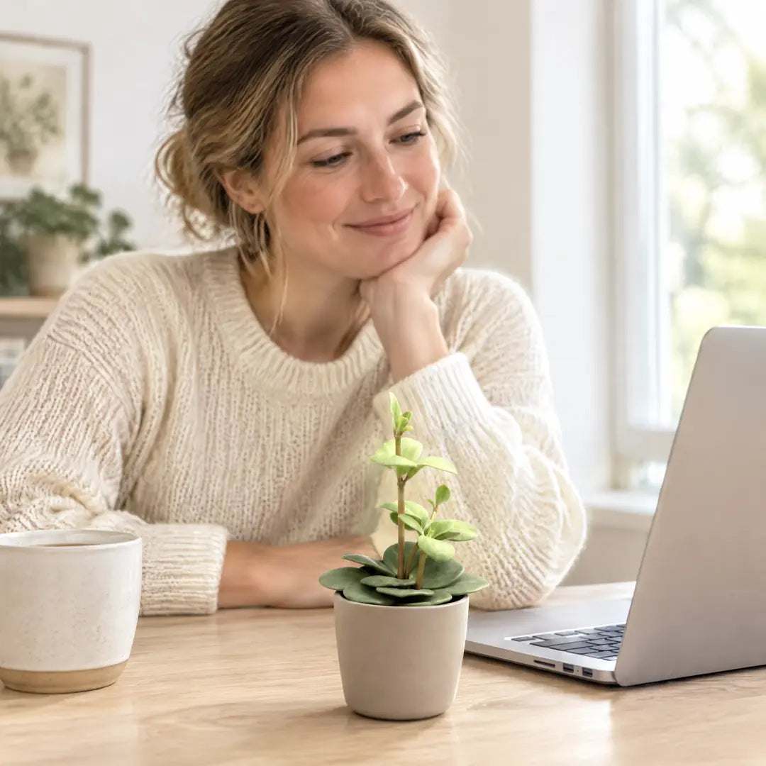 Frau betrachtet die kleine Peperomia Hope auf ihrem Schreibtisch im Homeoffice