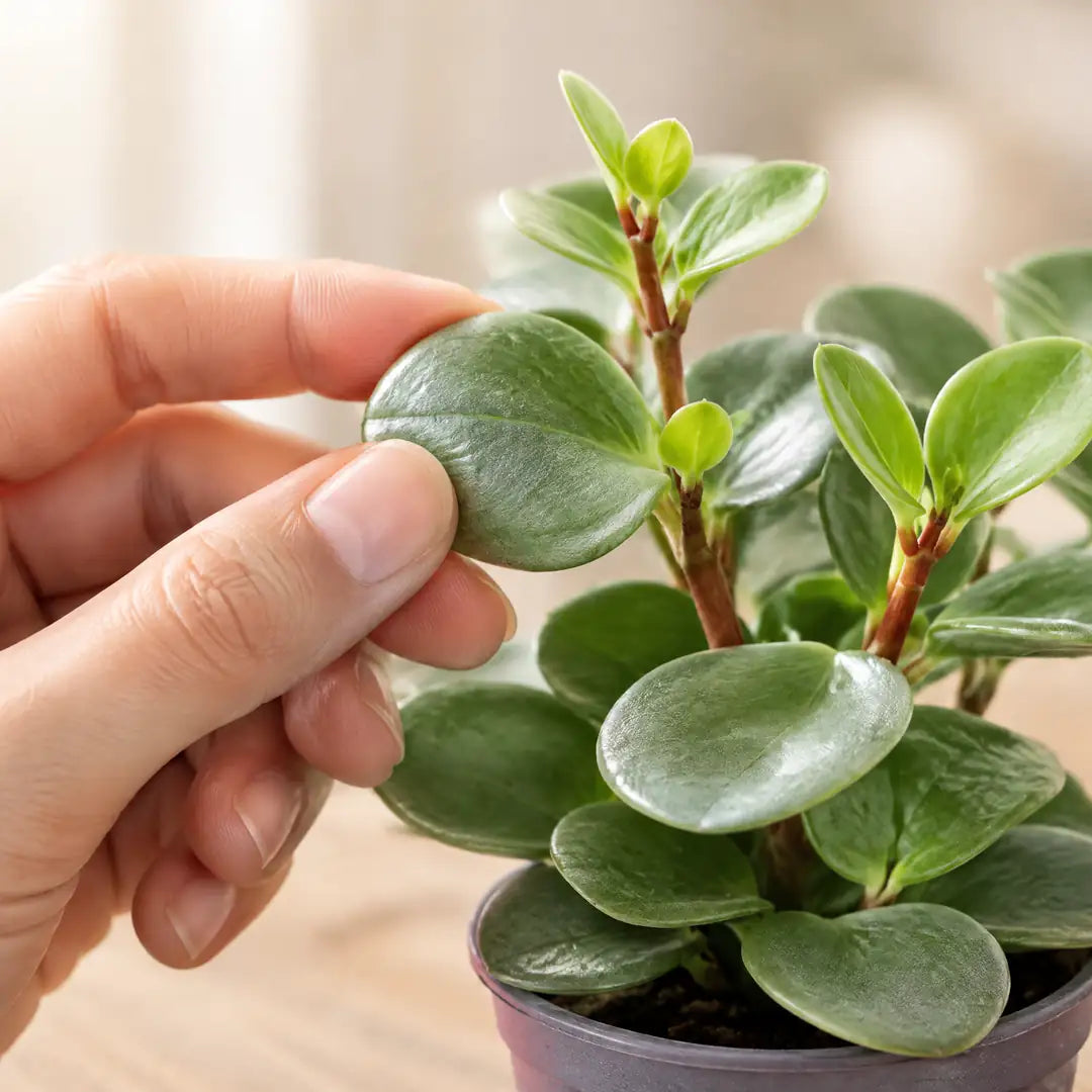 Hand hält behutsam ein fleischiges Blatt der Peperomia Hope