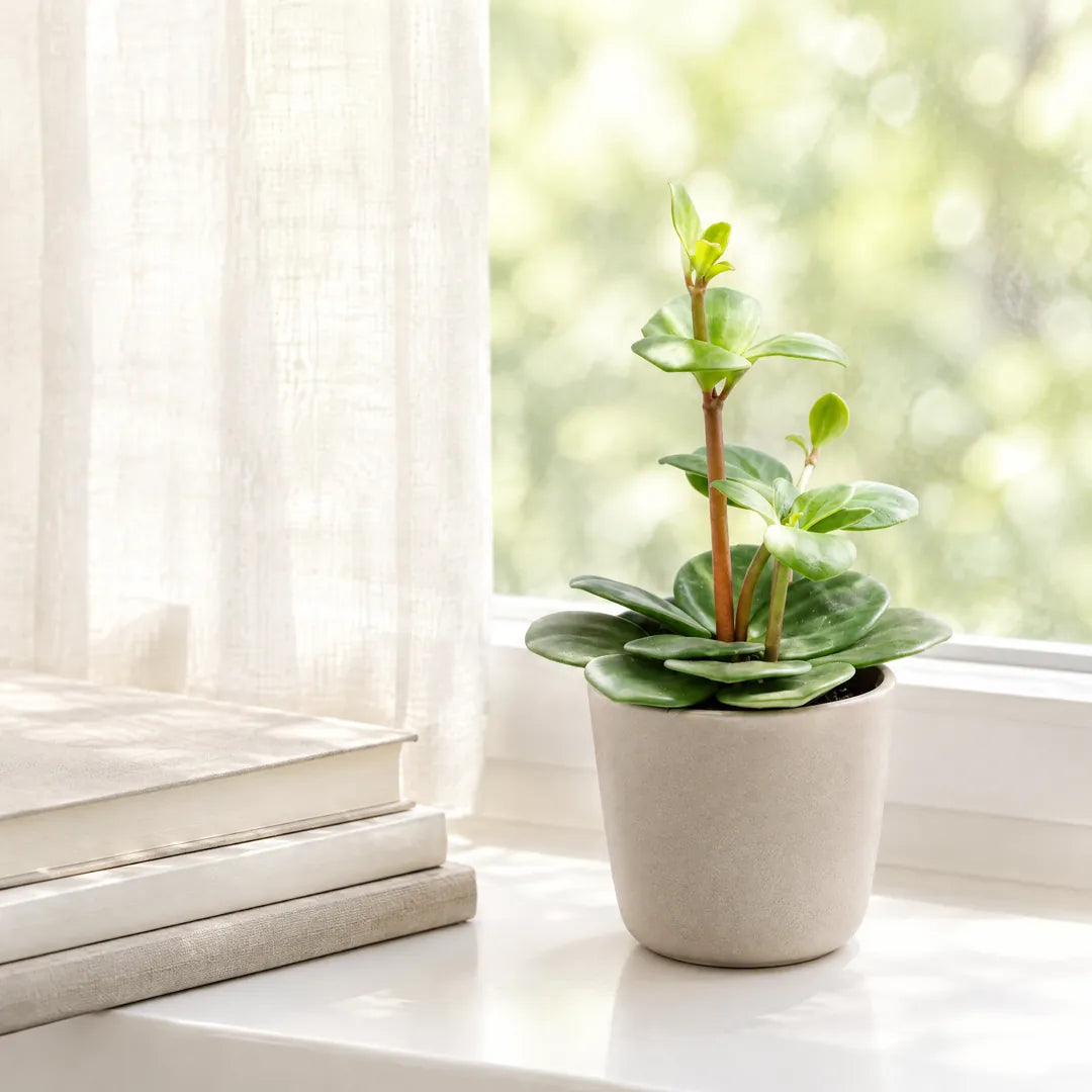 Peperomia Hope im beigen Übertopf auf einer hellen Fensterbank hinter einer lichten Gardine