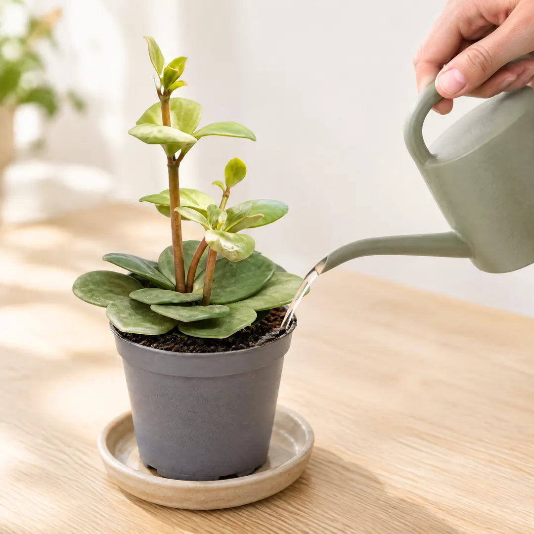Peperomia Hope wird mit einer kleinen Gießkanne sparsam am Topfrand gegossen