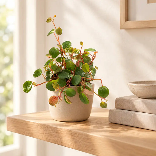 Peperomia Pepperspot mit runden Münzblättern und roten Stielen im beigen Übertopf auf einem hellen Holzregal