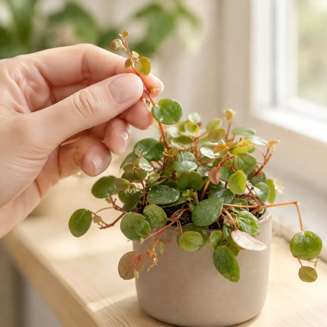 Hand hebt einen überhängenden Trieb der Peperomia Pepperspot an