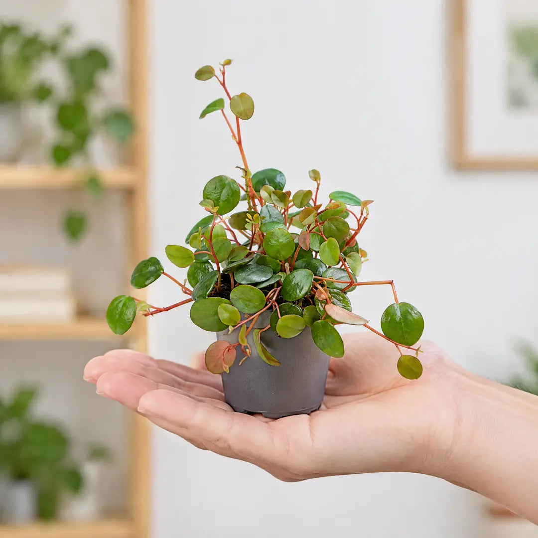Peperomia Pepperspot im 6-cm-Topf auf einer Handfläche als Größenvergleich