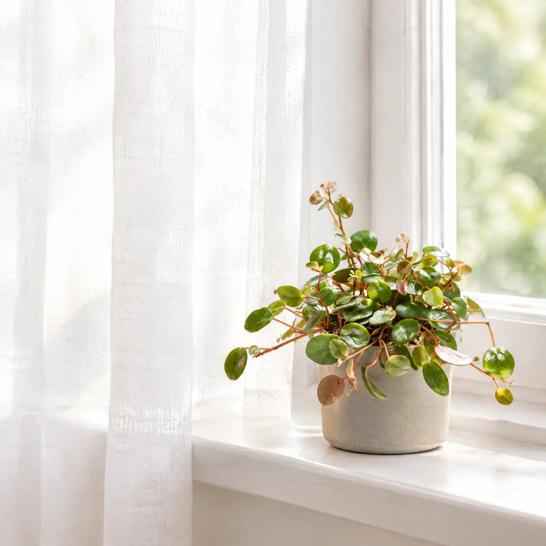 Peperomia Pepperspot im Übertopf auf einer hellen Fensterbank hinter einer lichten Gardine