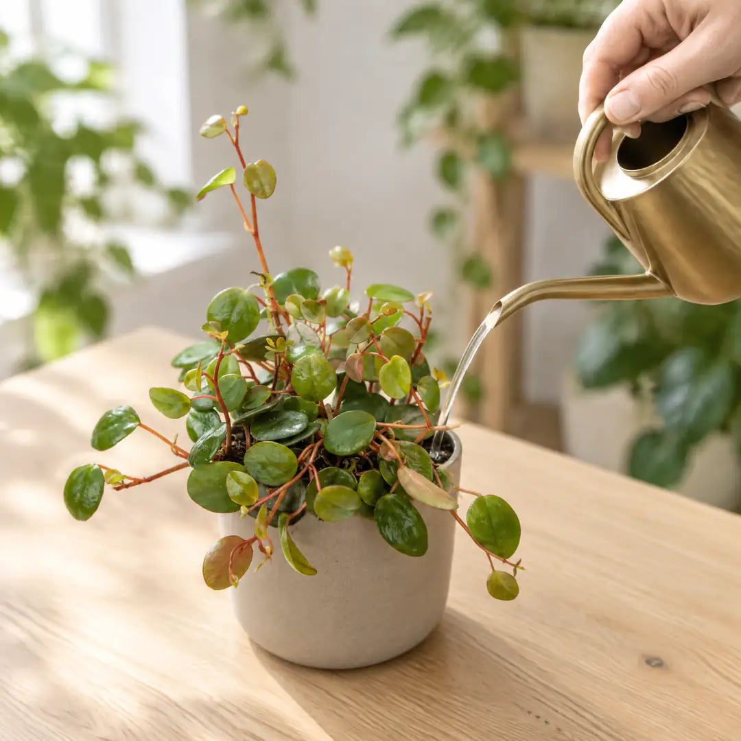 Peperomia Pepperspot wird mit einer kleinen Gießkanne sparsam an der Erde gegossen