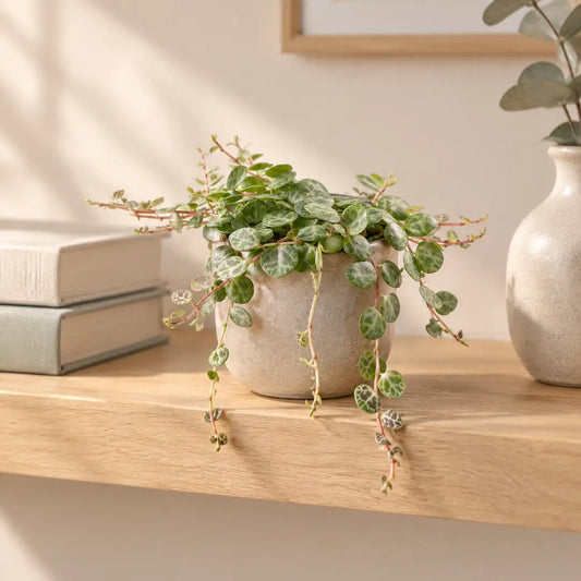 Peperomia prostrata (String of Turtles) im beigen Übertopf auf einem hellen Holzregal