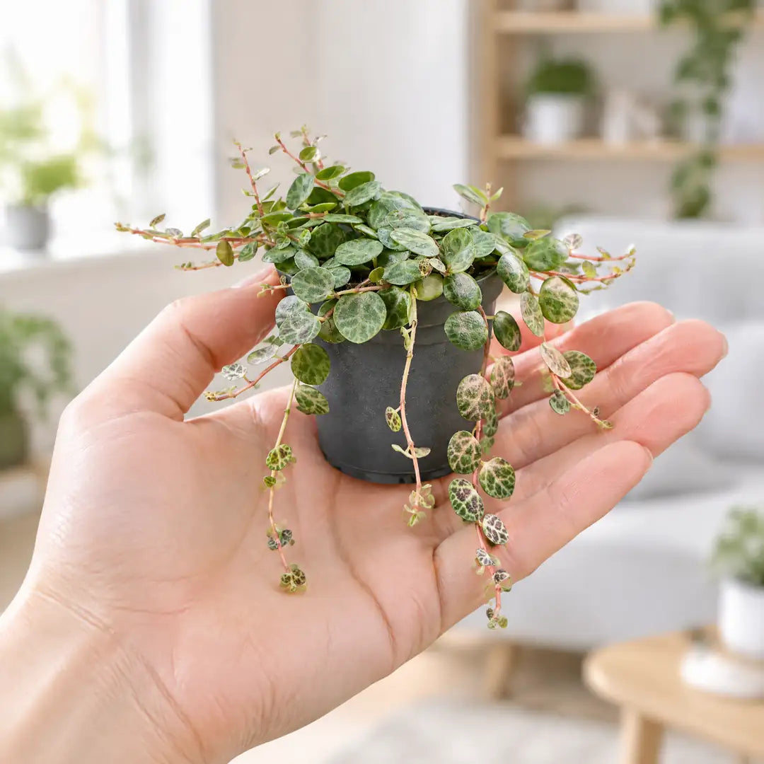 Peperomia prostrata im 6-cm-Topf auf der Handfläche als Größenvergleich
