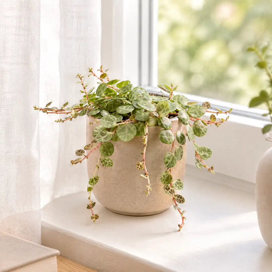 Peperomia prostrata im Übertopf auf einer hellen Fensterbank hinter einer Leinengardine