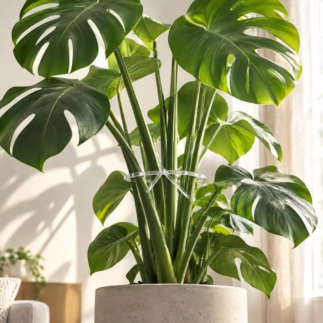 Monstera mit eingesetztem Stützring steht aufrecht im hellen Wohnraum