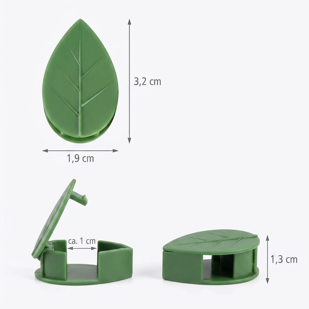 Maße des Pflanzenclips: 3,2 cm lang, 1,9 cm breit, 1,3 cm hoch, Klemmöffnung etwa 1 cm
