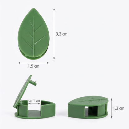 Maße des Pflanzenclips: 3,2 cm lang, 1,9 cm breit, 1,3 cm hoch, Klemmöffnung etwa 1 cm
