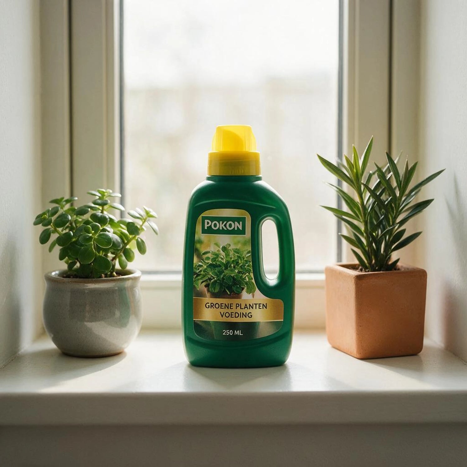 Pflanzendünger Grün, Flasche auf Fensterbank