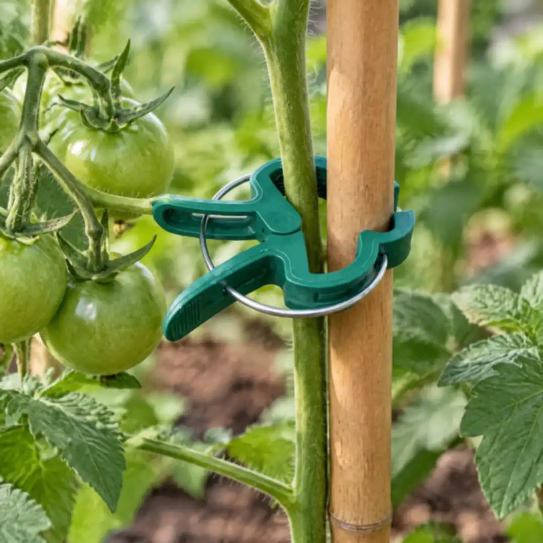 Klammer hält einen Tomatenstängel am Bambusstab