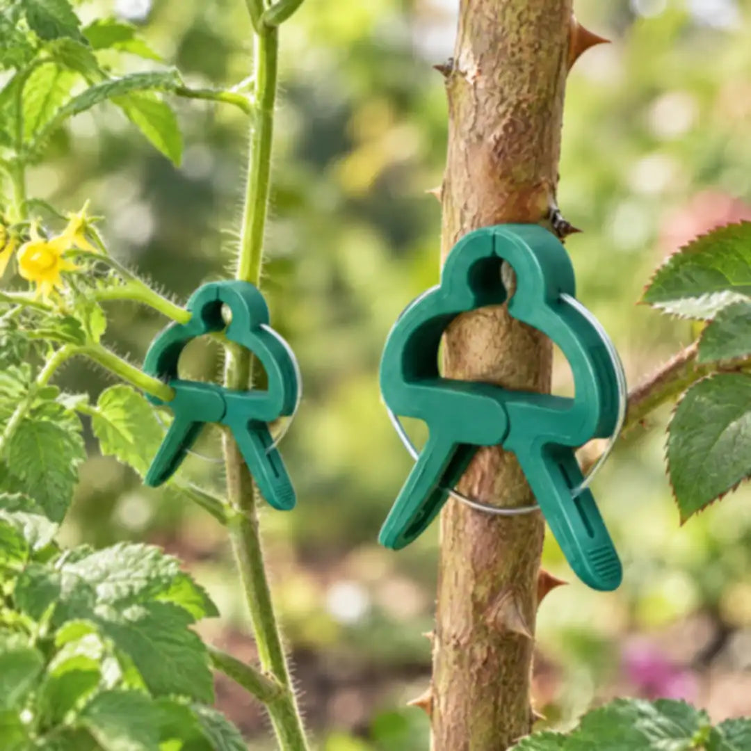 Kleine Klammer an dünnem Tomatentrieb, große an dickem Rosentrieb