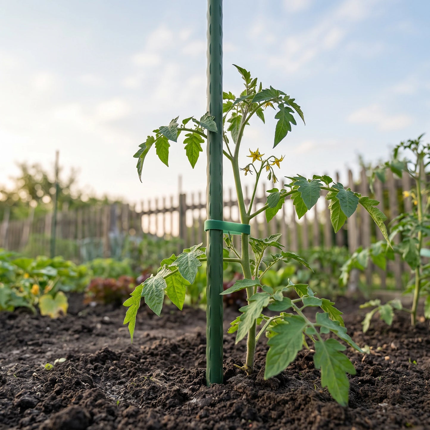 Pflanzstab als Rankhilfe an Tomatenpflanze im Beet