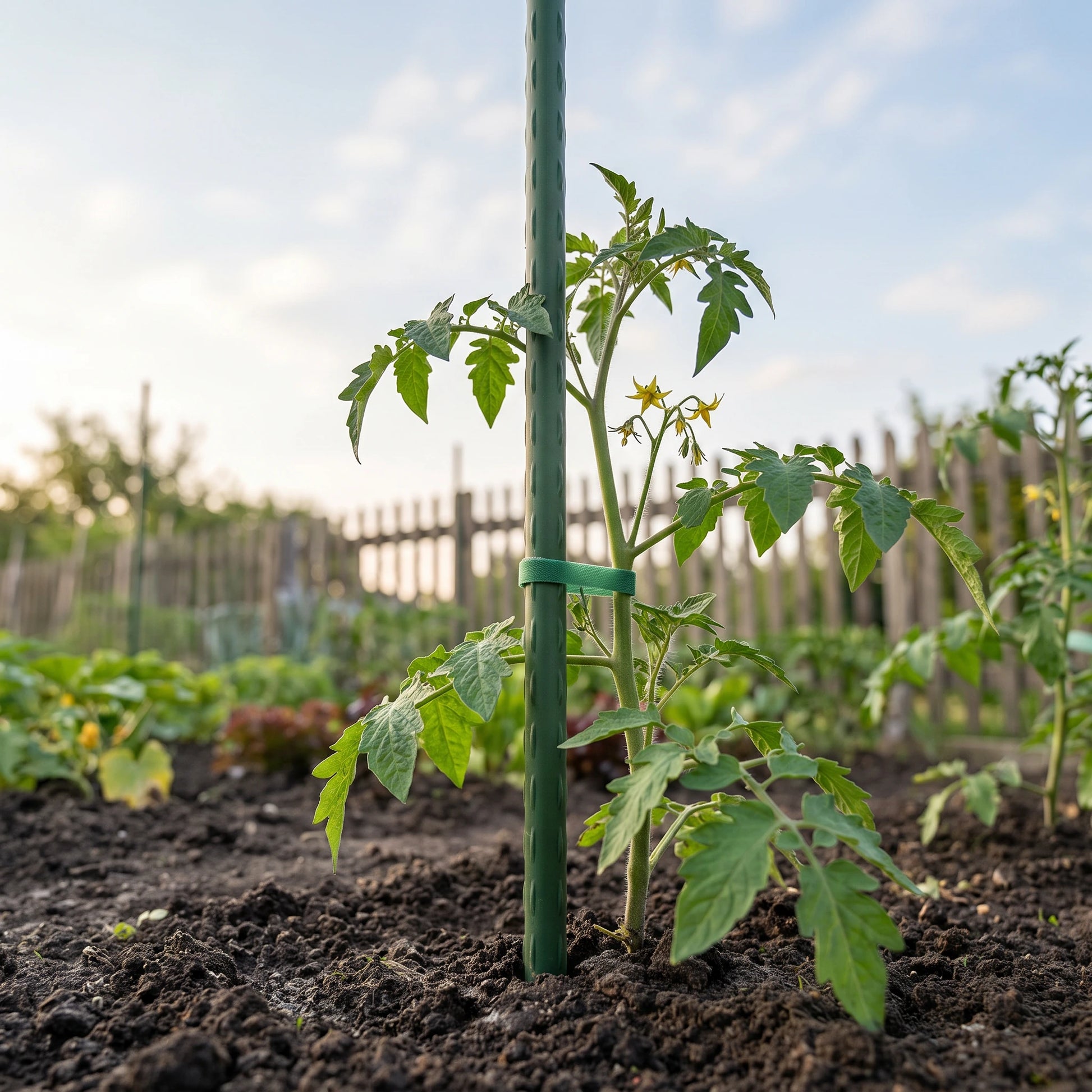 Pflanzstab als Rankhilfe an Tomatenpflanze im Beet