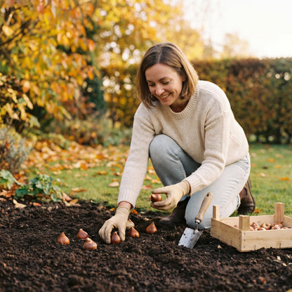 Frau pflanzt Tulpenzwiebeln im herbstlichen Gartenbeet