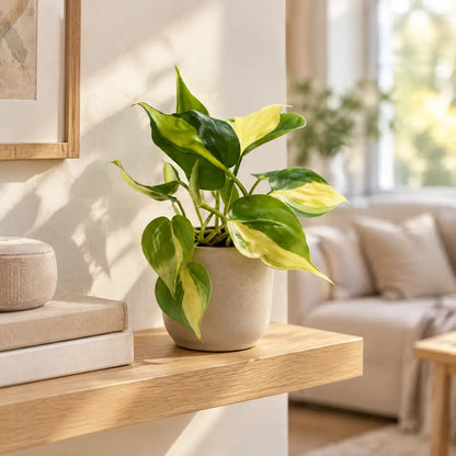 Philodendron Brasil im beigen Übertopf auf einem Wandregal im hellen Wohnzimmer