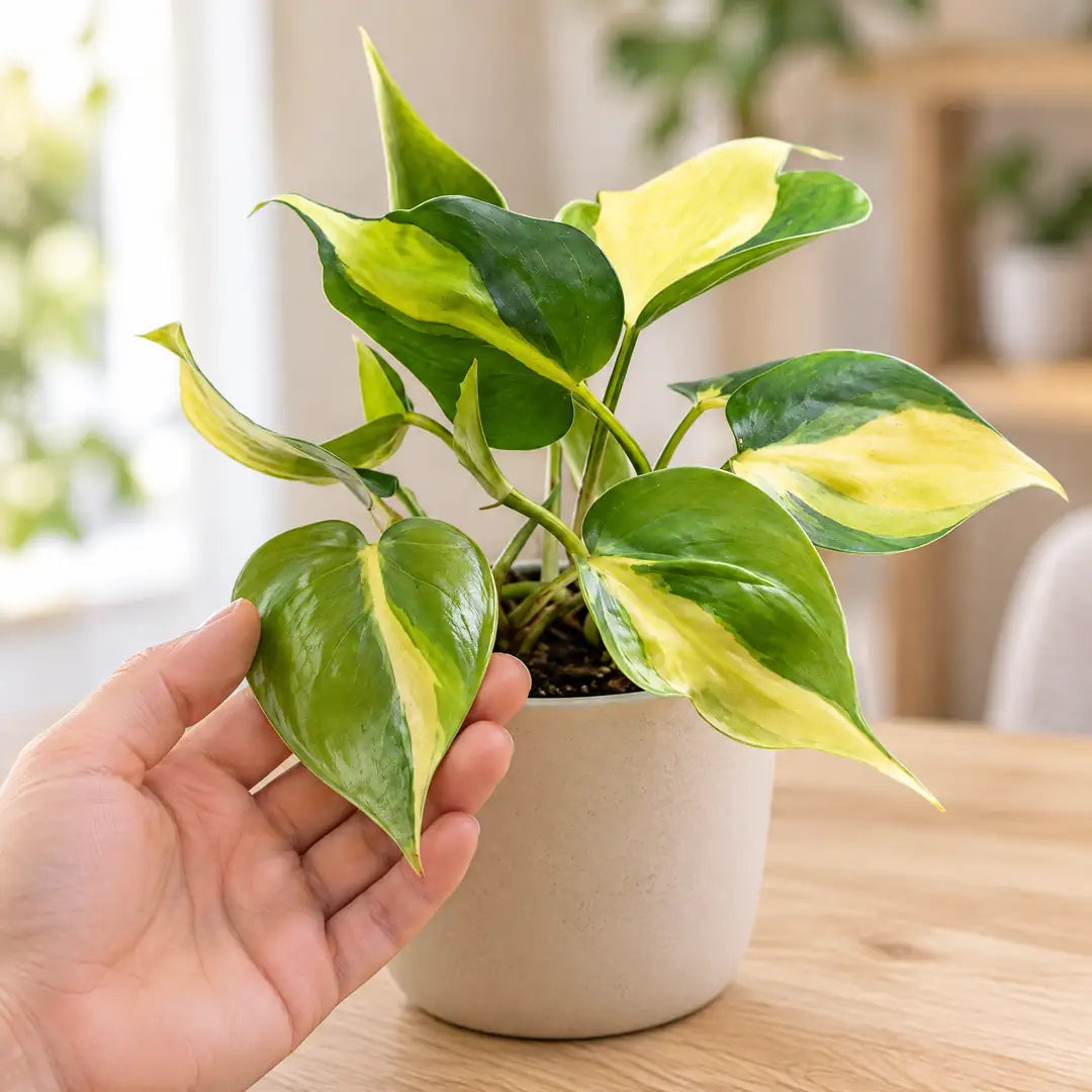 Hand hält ein herzförmiges Blatt des Philodendron Brasil